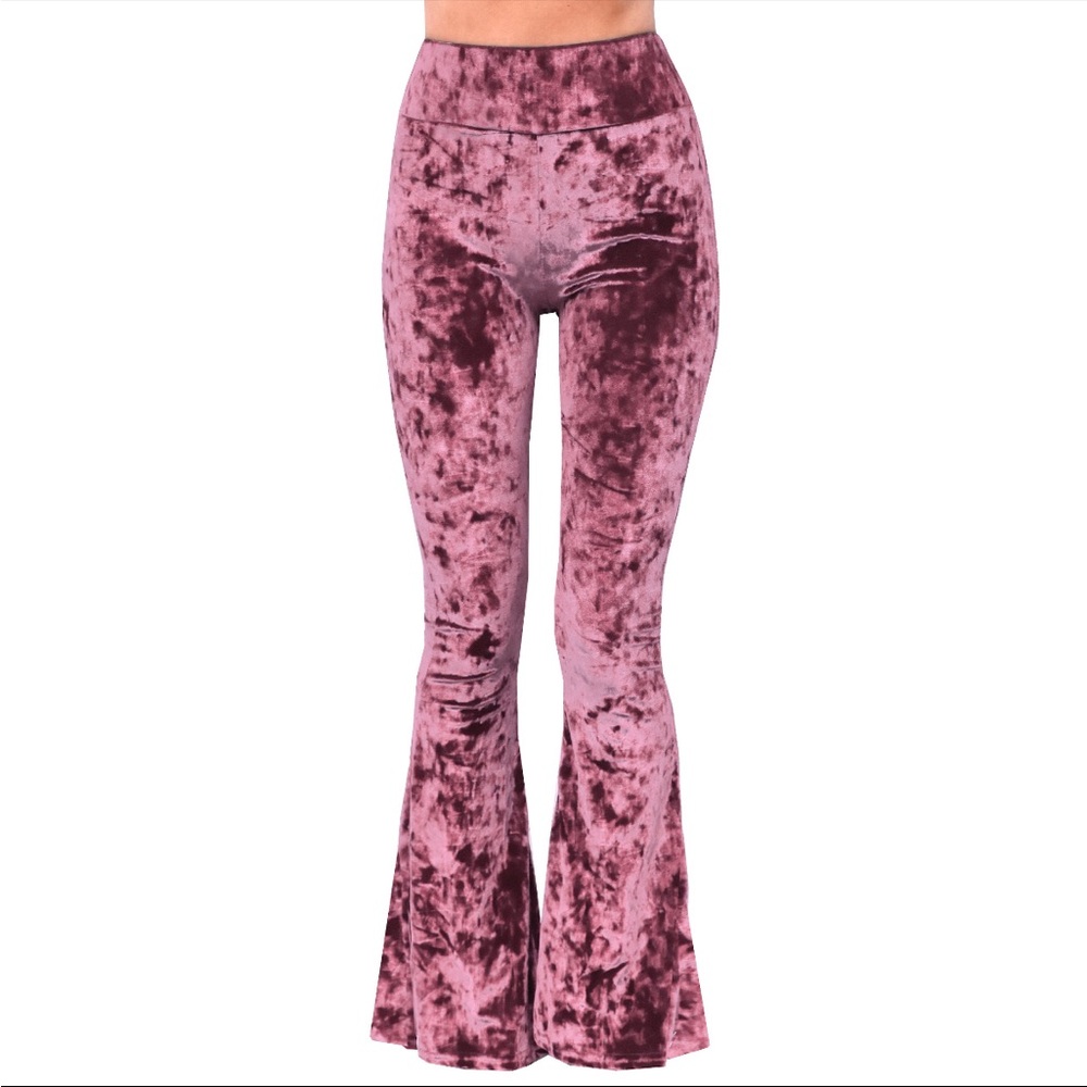 Dusty Rose Crushed Velvet Bell Bottom Flare Pants